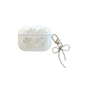 Glitter AirPods Pro case with silver snake emblem, pearls and metal bow pendant