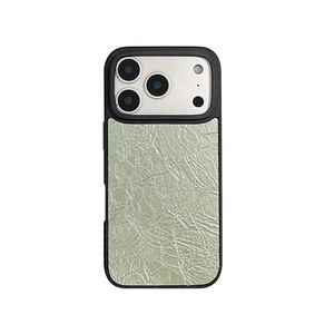 Luxury matte black iPhone case featuring light green metallic textured wrinkle finish