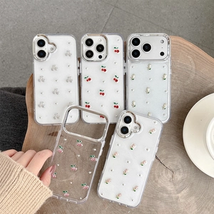 Sparkly glitter clear iPhone case with 3D cherry and floral charms with pearl accents