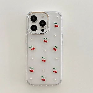 Macro view of clear iPhone case with 3D cherry accents and silver lens protector