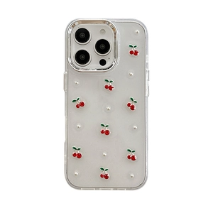 Clear iPhone case with 3D red cherries and white pearls for a fresh aesthetic style