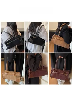Three vintage rectangular shoulder bags in black, khaki and dark brown suede and leather