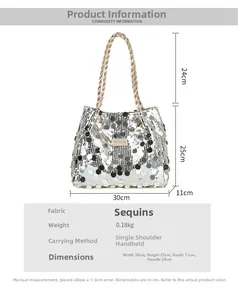Size chart for silver sequin shoulder bag showing width 30cm and height 25cm dimensions