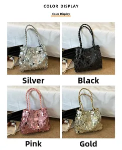Chic sequined tote bags shown in silver black pink and gold with woven rope handles