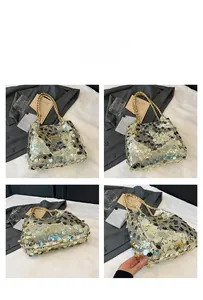 Detail shots of shiny sequin tote bag with woven gold handle from multiple angles