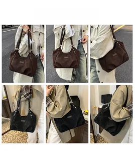 Collage of brown and black suede tote bags showing various shoulder carry styles