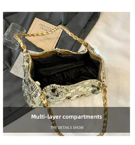 Detail showing gold sequin tote with woven handle and organized multi-layer interior