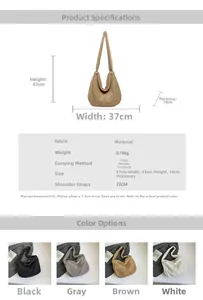 Detailed spec chart for corduroy tote bag showing dimensions 37x33x10cm and color options