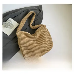 Detail view of khaki corduroy tote bag texture on a stylish minimalist background