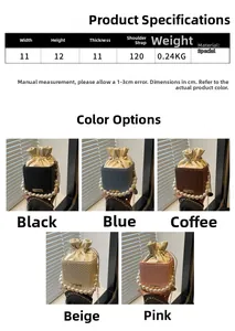 Detailed size chart for square bucket bag featuring woven texture and pearl handles