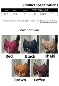 Dettaglio delle dimensioni della borsa a tracolla boho con frange e opzioni di colore