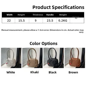 Detailed dimension guide showing 22cm width PU handbag in four available colors