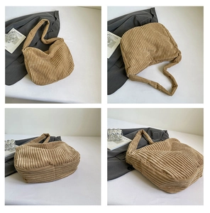 Détails du sac cabas en velours côtelé kaki montrant les angles et l'espace interne