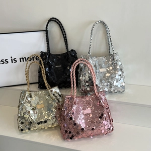Women Fashion Sequin Shoulder Bag Large Capacity Tote Bag Sparkly Underarm Bag Braided Handle Casual Party Travel Handbag