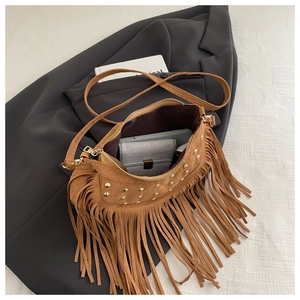 Detail of brown suede crossbody bag with fringe tassels, gold rivets and interior capacity