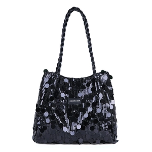 Chic black sequin tote bag with woven handles and large capacity for casual fashion wear