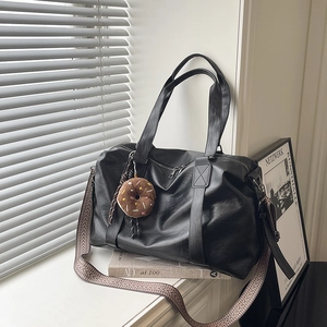 Women Large Capacity PU Leather Tote Bag Retro Style Commuter Shoulder Bag With Wide Strap And Donut Plush Pendant
