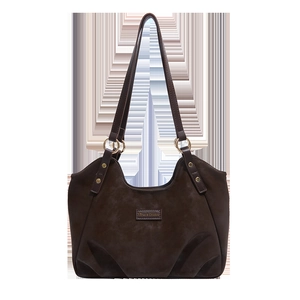 Minimalist dark brown suede shoulder tote bag with golden hardware and square metal tag