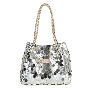 Sparkly silver sequin bucket tote bag with woven beige handles for women fashion