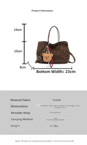Detailed size chart for the leopard print suede handbag with dimensions and specs