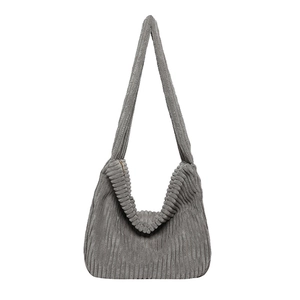 Gray corduroy tote bag with wide strap and U-shaped design for casual daily fashion