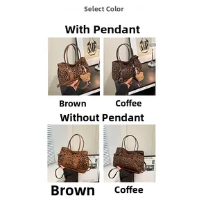 Detail view of leopard print tote bags in brown and coffee colors with bear pendant option