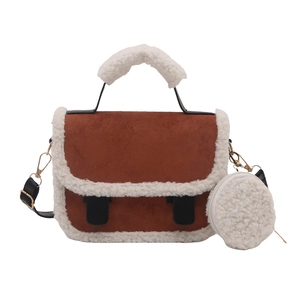 Brown faux suede crossbody bag with white fleece trim and matching small coin purse