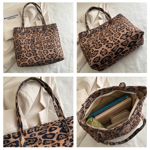 Detailed four-way view showing the leopard print tote bag interior and zipper closure