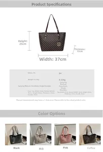 Detailed size specifications for a large capacity PU leather tote bag with M monogram pattern