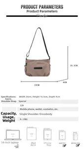 Detail showing 24cm size specifications and lightweight nylon material of the crossbody bag