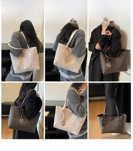 Multi-angle view of a large tote bag with M-pattern print and metallic charm detail