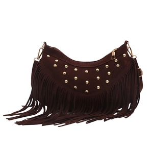 Borsa a tracolla in pelle scamosciata marrone con borchie dorate e lunghe frange vintage