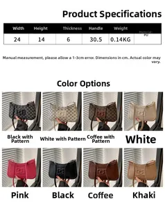Size chart showing 24x14x6cm dimensions and material specs for this stylish PU shoulder bag