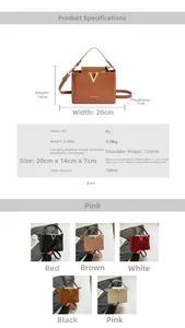 Detailed view of the structured faux leather handbag featuring a golden V-buckle and dimensions