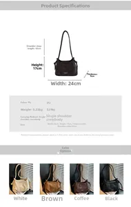 Detailed size specifications and color options for the French retro PU leather crossbody bag