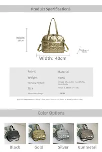 Detailed size chart and specs for lightweight quilted nylon tote bag with four colors