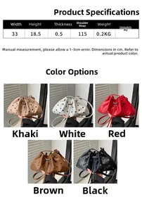 Detailed size chart and multi-color options for studded PU leather dumpling shoulder bag