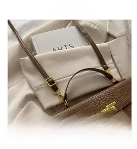 Detail of dark brown crocodile-embossed bag with gold turn-lock and premium PU texture