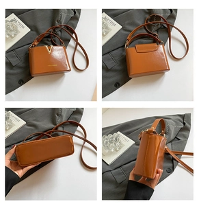 Detailed four-way views of a brown structured bucket bag with gold V-shape metal hardware