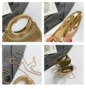 Detailed views of gold metallic evening bag with vertical texture and chain strap