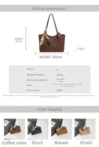 Detailed chart showing PU leather tote bag dimensions and four available color options