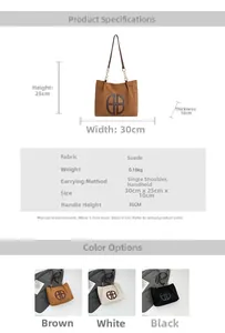 Guía de tallas del bolso tote grande de ante con medidas 30x25x10cm y asa de 35cm