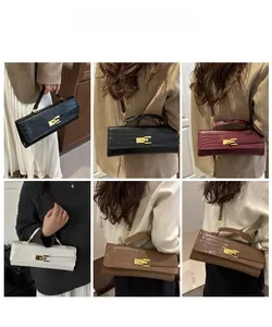 Collage of crocodile pattern handbags shown as handheld and crossbody bags in various colors