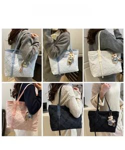 Detail view of quilted tote bags in blue white pink and black with bear charms