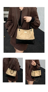 Detailed views of the beige quilted handbag featuring black trim and gold chain straps