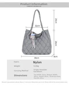 Size chart showing dimensions for a quilted nylon tote bag with shoulder strap