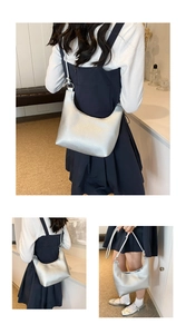 Detailed views of the silver hobo bag showing metallic texture and versatile strap styles