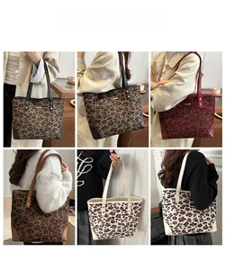 Model wearing a large leopard print tote bag in various colors for casual style