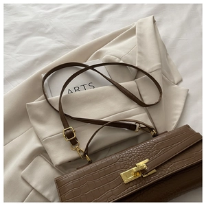 Close-up of vintage brown crocodile embossed leather baguette bag with gold twist lock