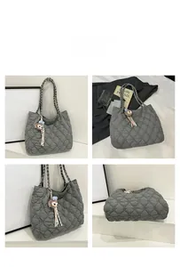 Detailed views of grey heart-quilted shoulder bag with woven strap and plush bear charm